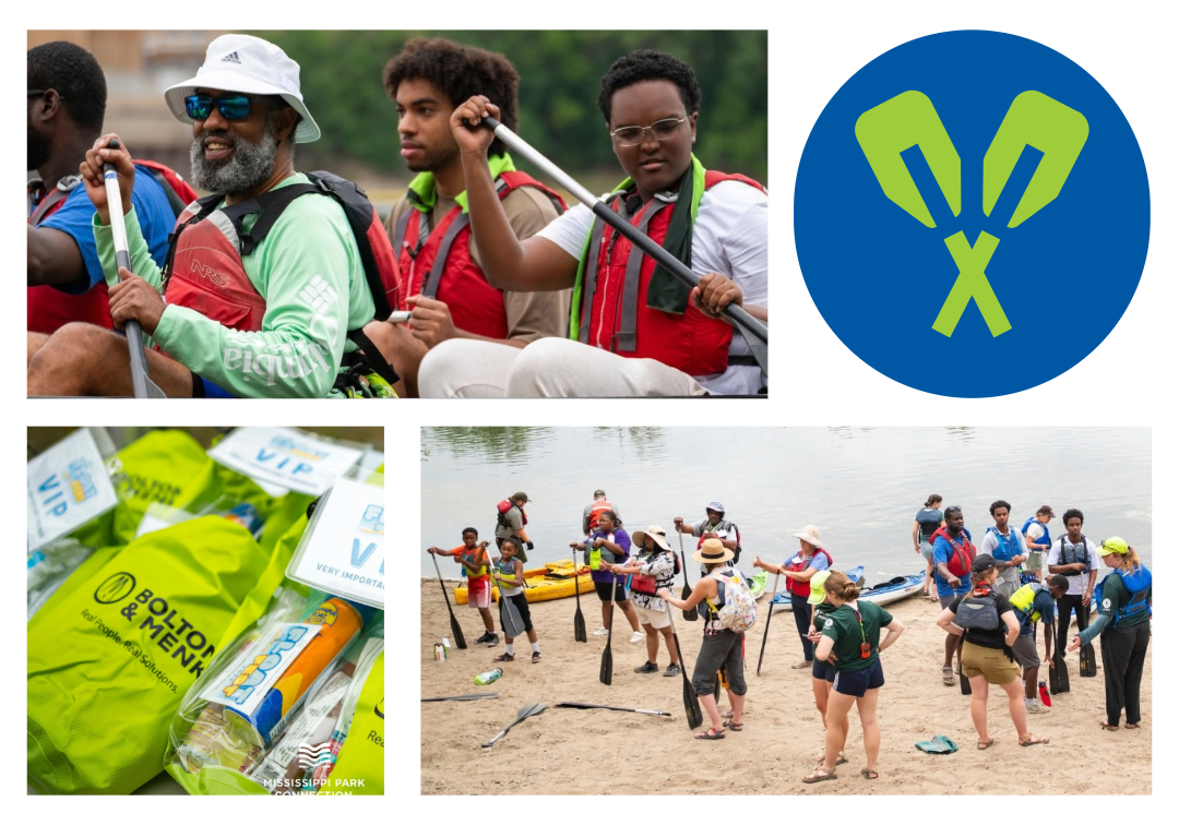 Collage of people learning to paddle on shore, paddling canoes together in the water, and gear bags given to very important paddlers