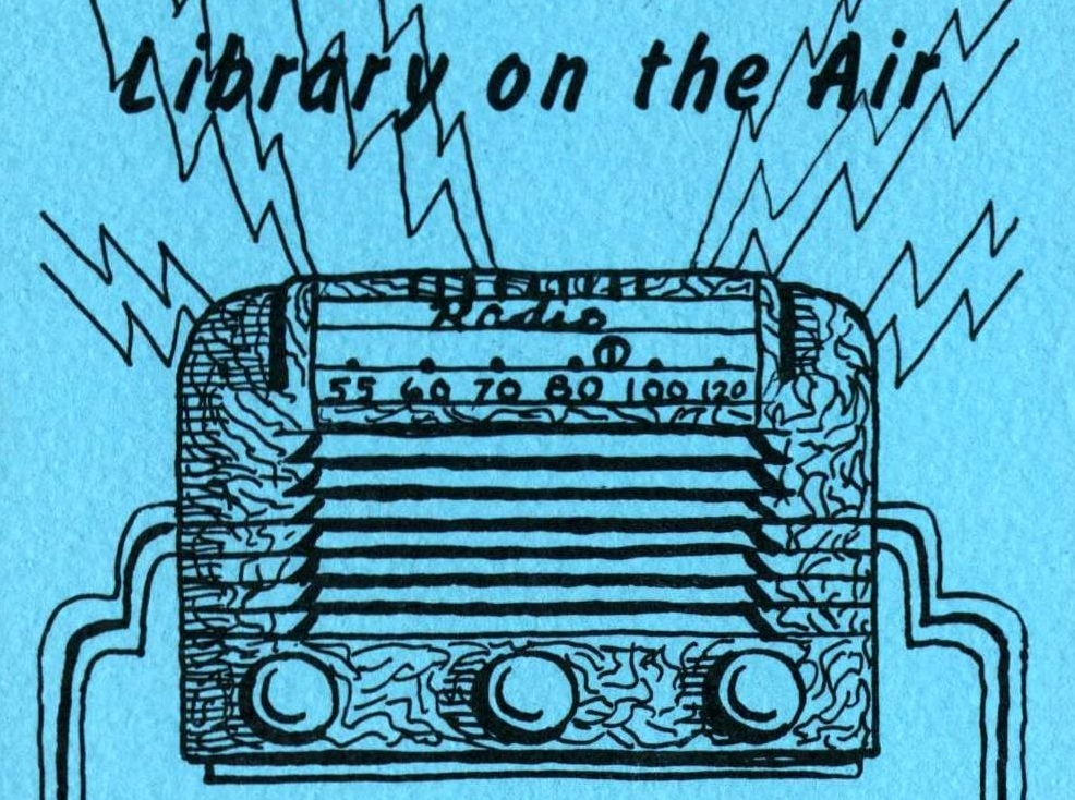 Line drawing of old-time radio with three knobs in center, and lightning bolts or sound waves coming out from the top