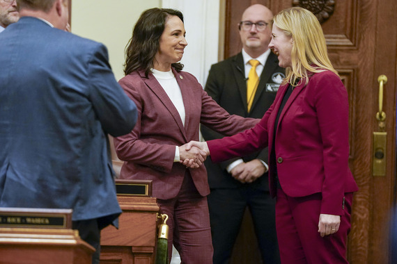 DFL Leader Melissa Hortman congratulates House Speaker-elect Lisa Demuth after her election to the post Feb. 6. (Photo by Michele Jokinen)
