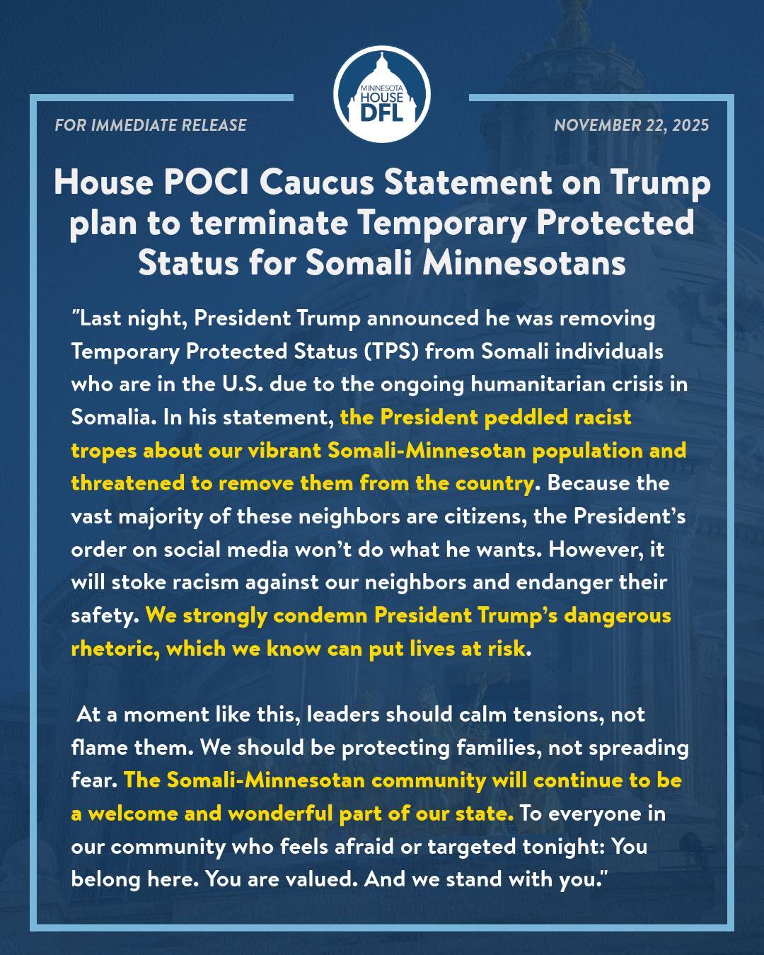 POCI Statement on TPS for Somali Minnesotans