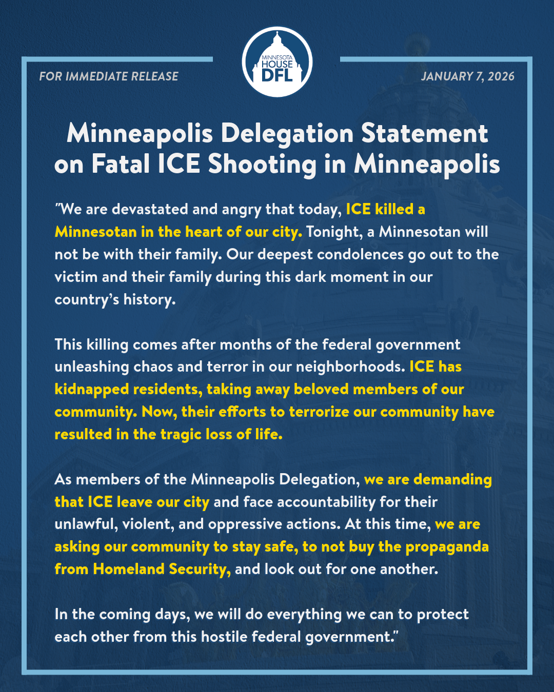 Minneapolis Delegation ICE Statement