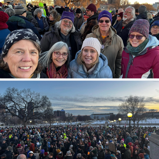 Photo collage. Top: Rep. Acomb alongside constituents at protest march for Renee Good. Bottom: Crowd shot of protest at State Capitol.