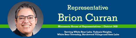 Blue banner w/ headshot, name, District 36B, and serving White Bear Lake, Vadnais Heights, White Bear Lake Township, Birchwood Village, and Gem Lake.