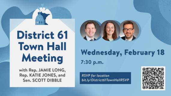 Blue background graphic w/ District 61 Town Hall meeting details, lawmaker headshots, and QR code