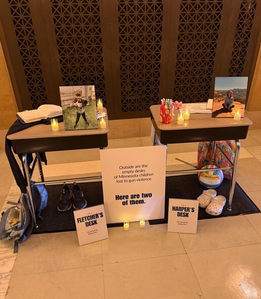Empty desks of Harper Moyski and Fletcher Merkel in the State Capitol