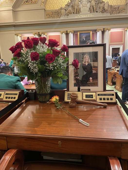Melissa Hortman's desk with flowers in memoriam