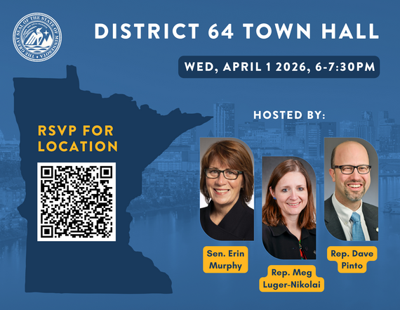 Blue Graphic w/ Town Hall Date, Location, QR code w/ legislator headshots