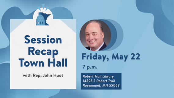 Blue social media graphic with town hall details and Rep. Huot's headshot