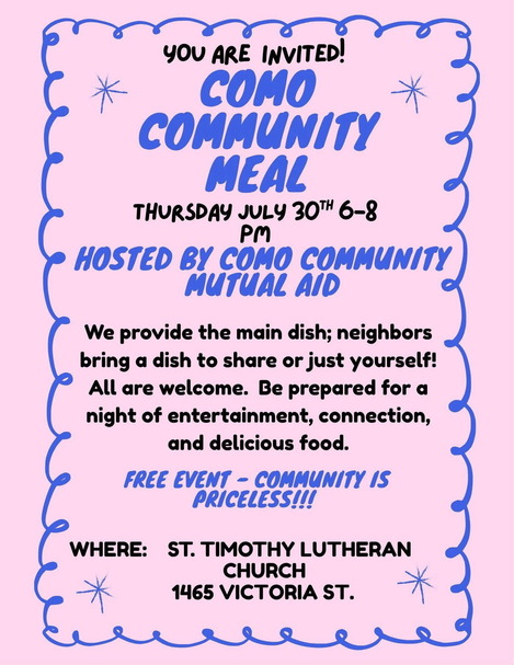 Event flyer; pink BG and blue/black text with event details: main dish provided, bring a dish to share or just yourself; entertainment.