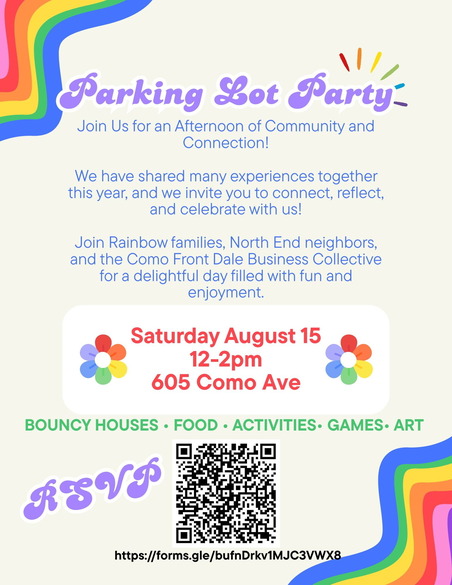 Parking Lot Party Event flyer; beige BG + wavy rainbow & purple/blue/green//black text. “BOUNCY HOUSES FOOD ACTIVITIES GAMES ART.” QR code & RSVP URL