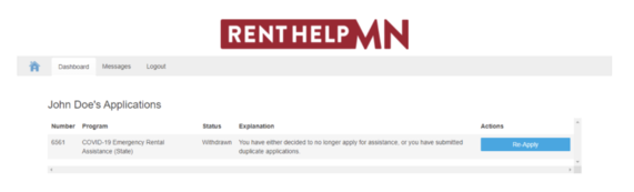 RentHelpMN Application Portal for Re-apply