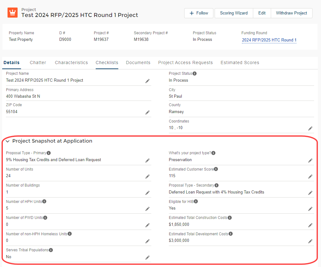 Screenshot of Project Snapshot and Application fields in Portal