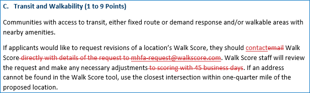 Transit and Walkability selection criterion redlines