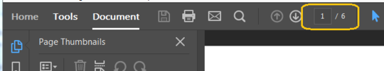 Screenshot of Acrobat Pro DC ribbon with circle around the page number 1/6.