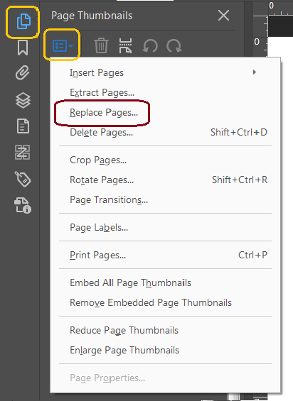 Page Thumbnails dropdown menu, circle around the thumbnails icon, the dropdown menu button, and the replace pages option.