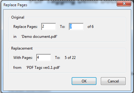 Screenshot of Replace Pages window with original document's page numbers to be replaced, pages to use when replacing & document file name.