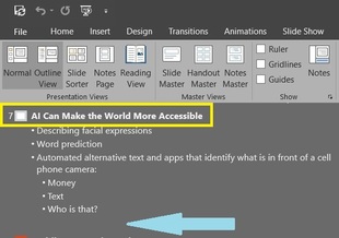 Screen shot of PowerPoint outline view pane, yellow rectangle around slide title, blue arrow pointing to blank line at end of text.