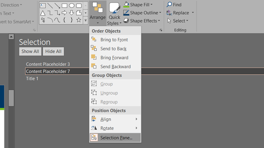 Screen shot: PowerPoint ribbon, home tab, arrange drop down expanded, selection pane highlighted. Background: content placeholder in selection pane.