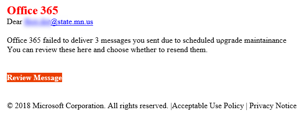 Screenshot of a phishing email. It pretends to be from Office 365 and asks the user to click a "review message" button to address an issue.
