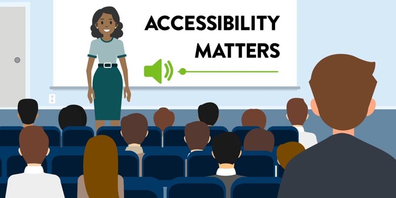 Woman speaking to a group, on screen "Accessibility Matters" with audio icon and progress bar.