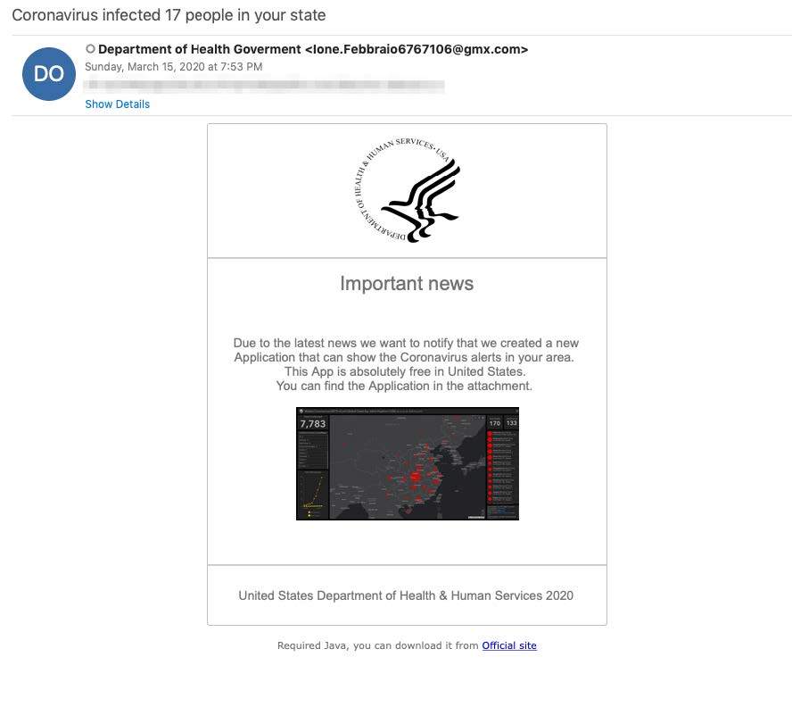 screenshot of a phishing email from the fake Department of Health Government