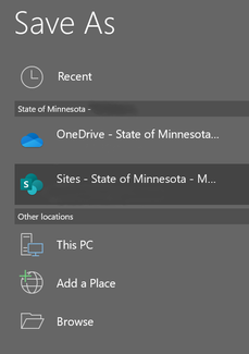 Screenshot of Save As options, Sites - State of Minnesota selected.