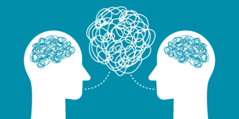 Two heads facing each other as if in conversation. Both have squiggly lines where their brains are, and in the communication bubble between them.