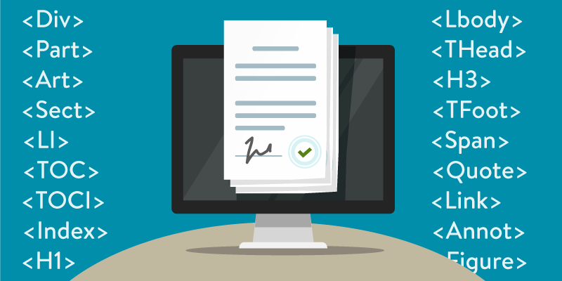 Computer screen displaying electronic document. Document tags like H1 and Figure are on either side of the display.