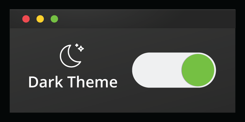 Dark theme toggle, with dark background, white text "Dark Theme" with a moon and stars above it.