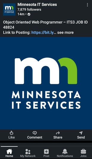 Minnesota IT Services LinkedIn post. Logo in profile image and main post image, has blue background. Background: black, text: white. Link text: blue.