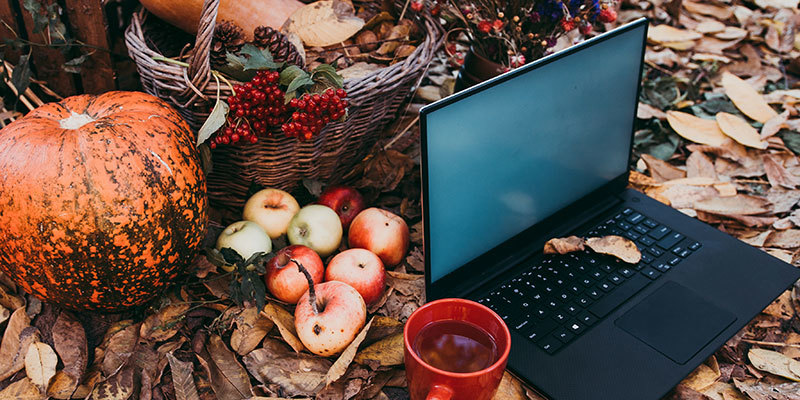 Open laptop on fallen leaves, with pumpkin, apples, hot beverage.