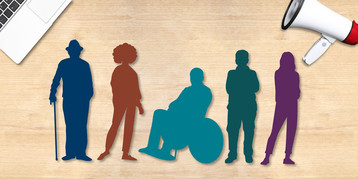 Silhouettes of diverse group next to megaphone.