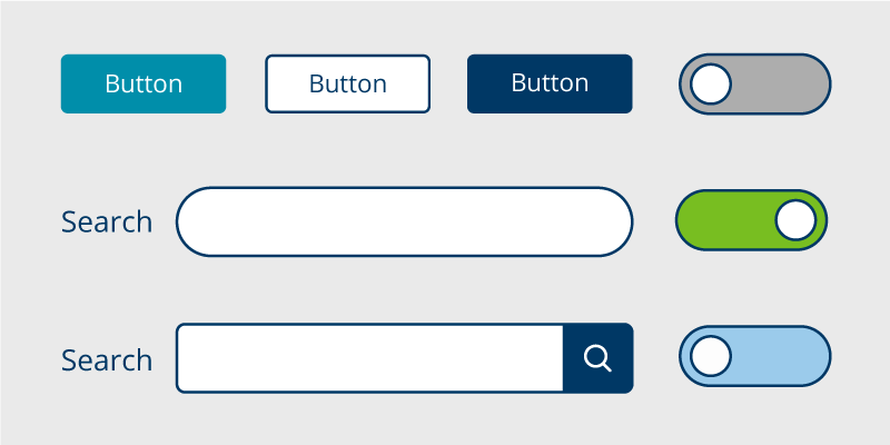 Buttons with text: Button, toggles, and search text fields with different colors and shapes.