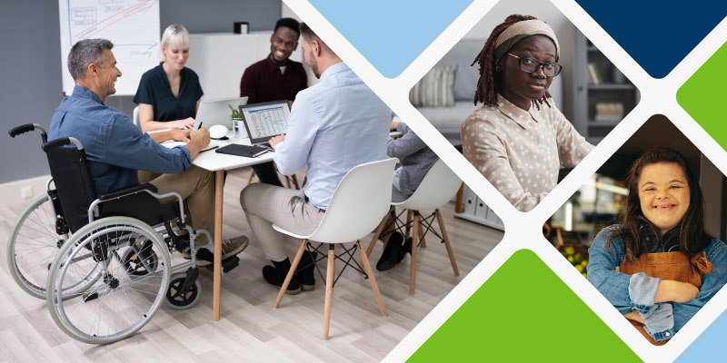 Diverse people in workplace settings.