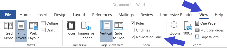 Screenshot of Microsoft Word ribbon. One arrow points to View tab (selected). Another arrow points to the navigation pane checkbox (selected).