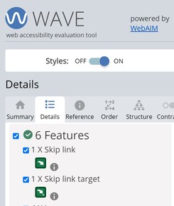 Screenshot of WAVE. Styles toggle on. Features: skip link, skip link target.