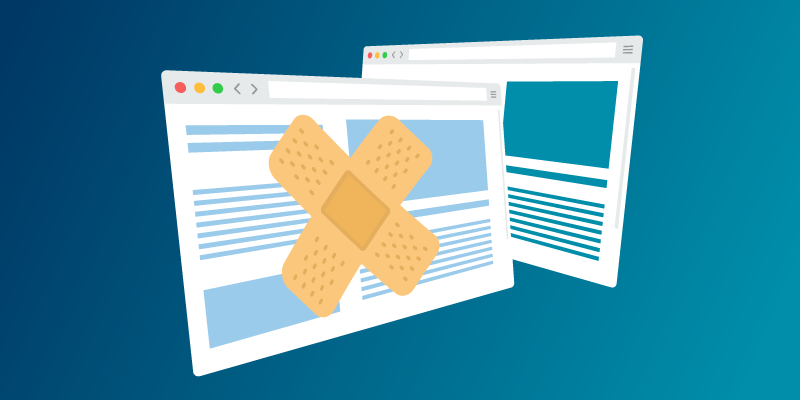 2 band-aids crossed-over each other making an X over a webpage on a laptop.