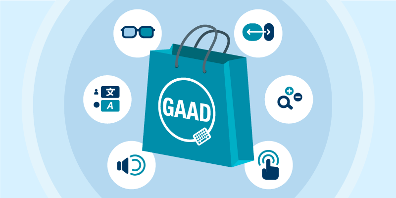 Gift bag with text GAAD. Icons around it related to digital accessibility like a magnifying glass.