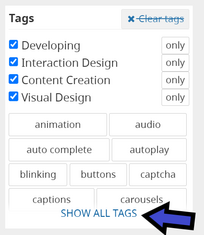 Screenshot of tags area with arrow pointing to show all tags at bottom of this section.
