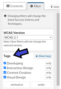 Screenshot of Filter tab, arrow pointing to text Tags.