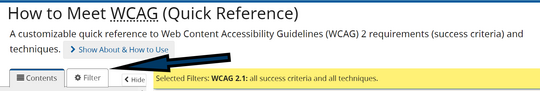 Screenshot of Quick Reference Tool - Arrow pointing to filter tab (next to contents tab).