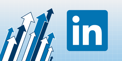 LinkedIn logo with upwards arrows to the side.