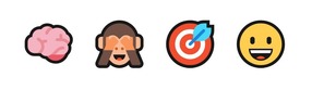 Emojis: brain, monkey with hands over his eyes, dart in the bull’s eye of a target, smiling face.