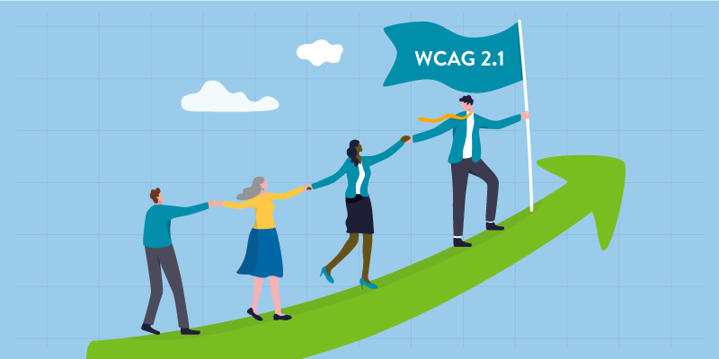 Leader is holding on to a flagpole and facing a group of people. They are all (including the leader) holding hands, ascending an upwards arrow.