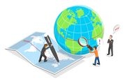 Illustration of people drawing the equator on a map and investigating a globe of the Earth