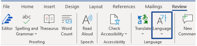Screenshot of Microsoft Word Ribbon under Review tab highlighting Language widget
