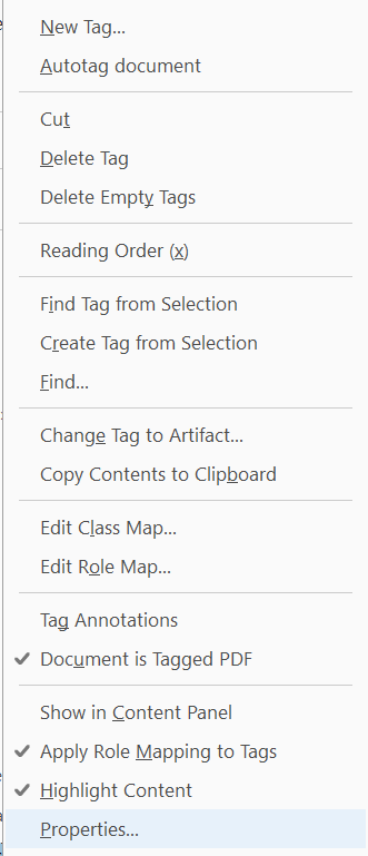 Screenshot of Adobe Acrobat Pro menu Items from tagged content with Properties highlighted.