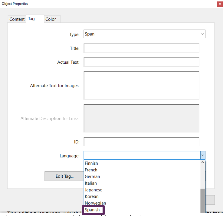 Screenshot of Adobe Acrobat Pro Object Properties Dialog Box with Language dropdown highlighting Spanish
