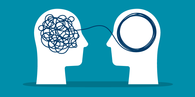 Two head icons face each other. A messy clutter of lines emerges from the left head to form a tidy loop in the right head. 