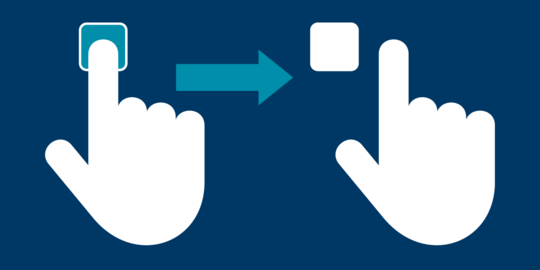 Pointer finger hovers over button and button is selected. Arrow to right and pointer finger moves away from button and button not selected.